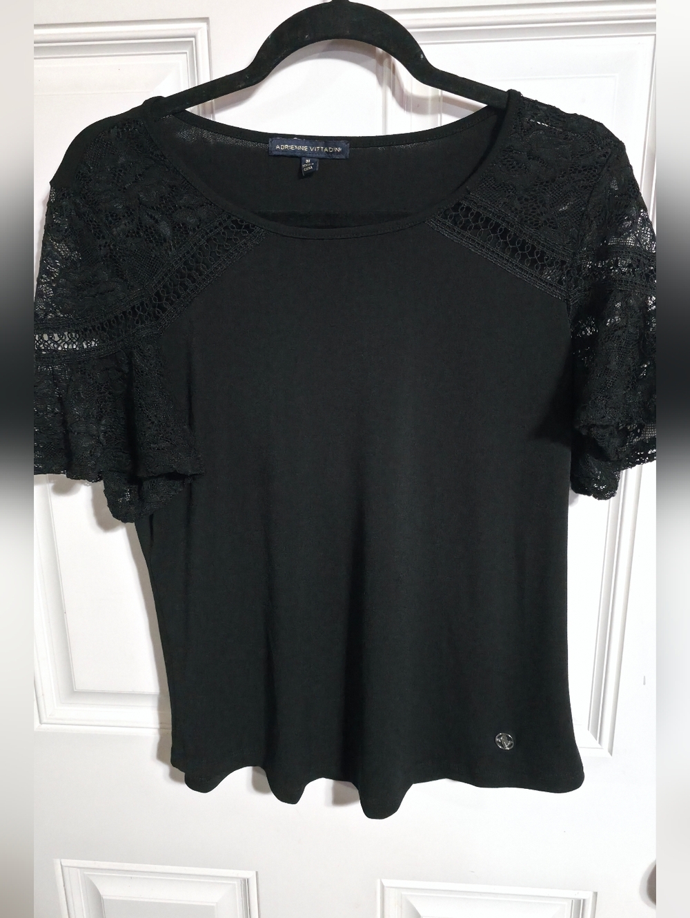Adrienne Vittadini Black Lace Bell Sleeve Blouse Women's Size Medium